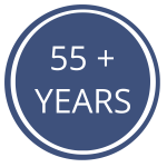 Circle with the text '55 + YEARS' in white on a dark blue background.