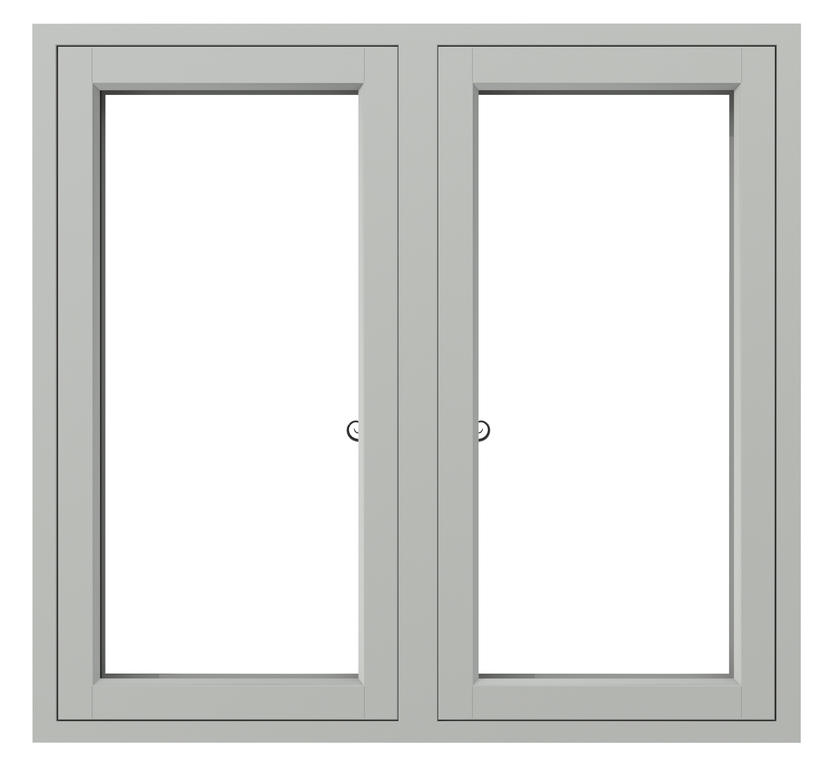 Double panel window with a grey frame and no glass.