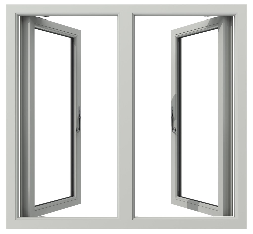 A pair of opened rectangular windows with grey frames, set against a white background.