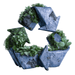 A stylised blue recycling symbol adorned with various green plants and foliage, set against a black background.