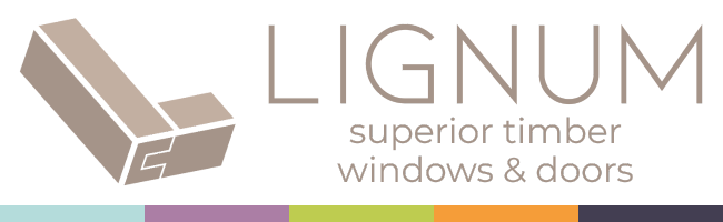 Logo of Lignum, a brand specialising in superior timber windows and doors, featuring a stylised timber block.