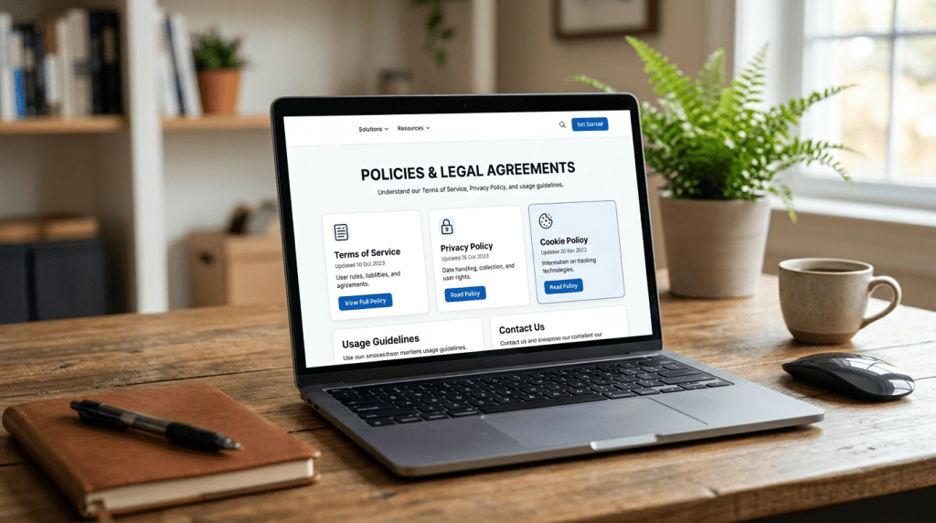 Laptop screen displaying policies and legal agreements including Terms of Service, Privacy Policy, and Cookie Policy
